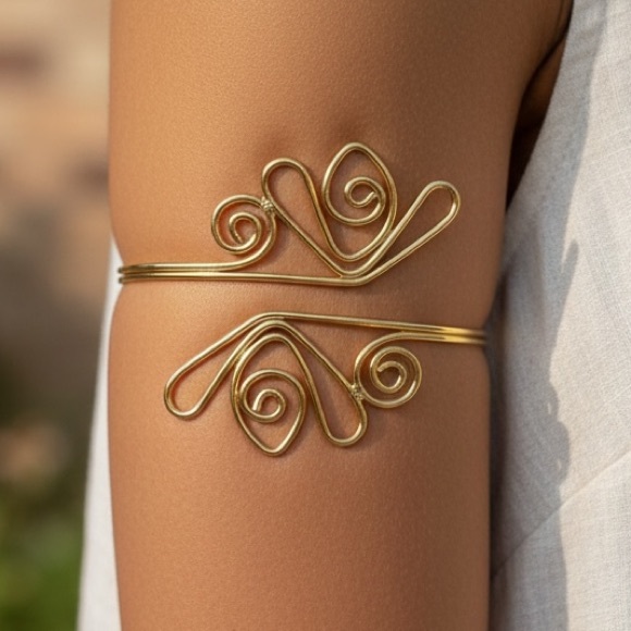 Boho Egyptian Curves Adjustable Arm Bangle – Gold Metal Alloy - Picture 6 of 11